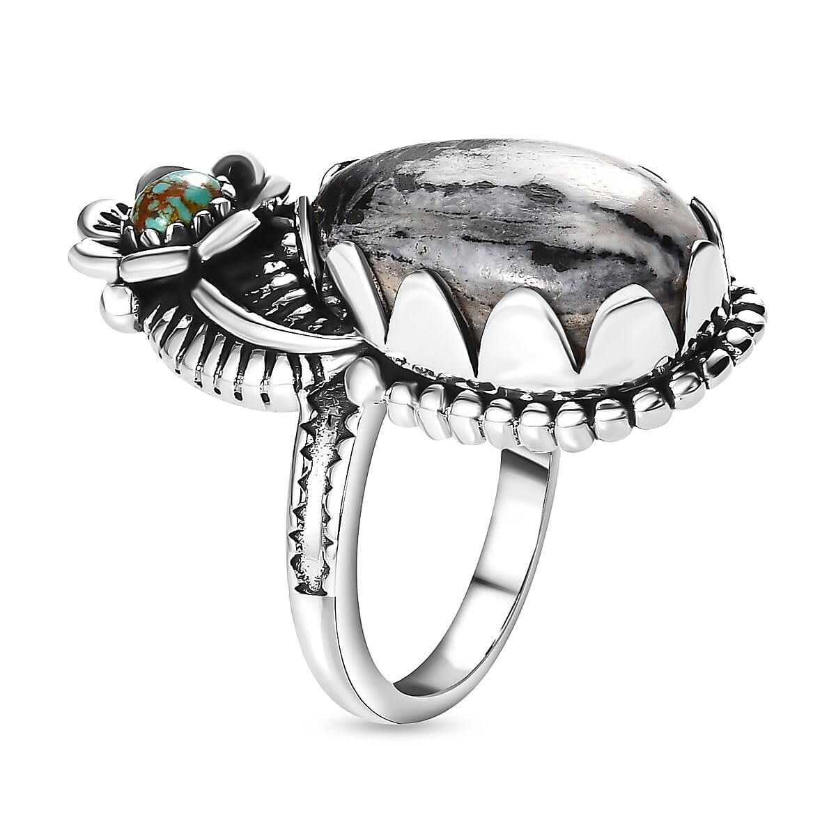 Artisan Crafted White Buffalo and Royston Turquoise Floral Ring in Sterling Silver (Size 6.0) 9.10 ctw
