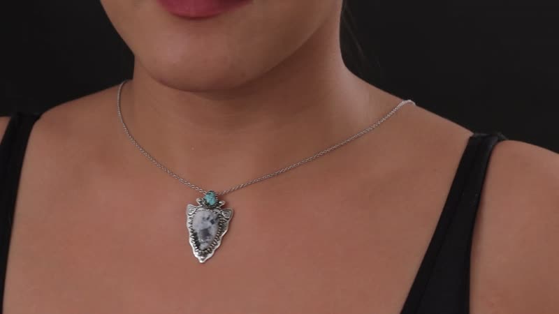 D'Joy Artisan Crafted White Buffalo and Blue Moon Turquoise 15.25 ctw Arrowhead Pendant without Chain in Black Oxidized Sterling Silver