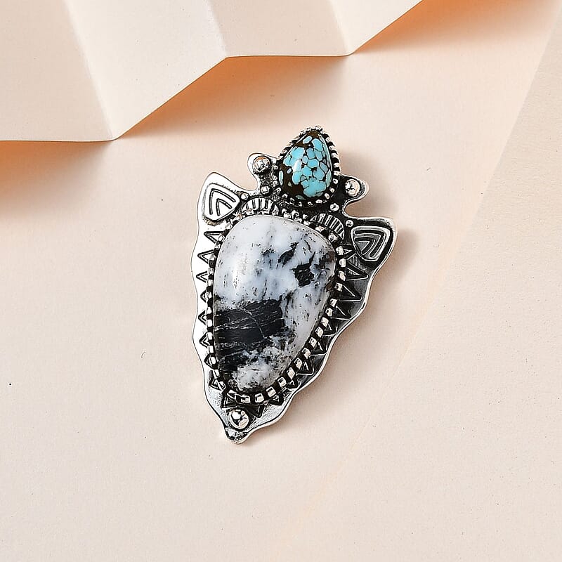 D'Joy Artisan Crafted White Buffalo and Blue Moon Turquoise 15.25 ctw Arrowhead Pendant without Chain in Black Oxidized Sterling Silver
