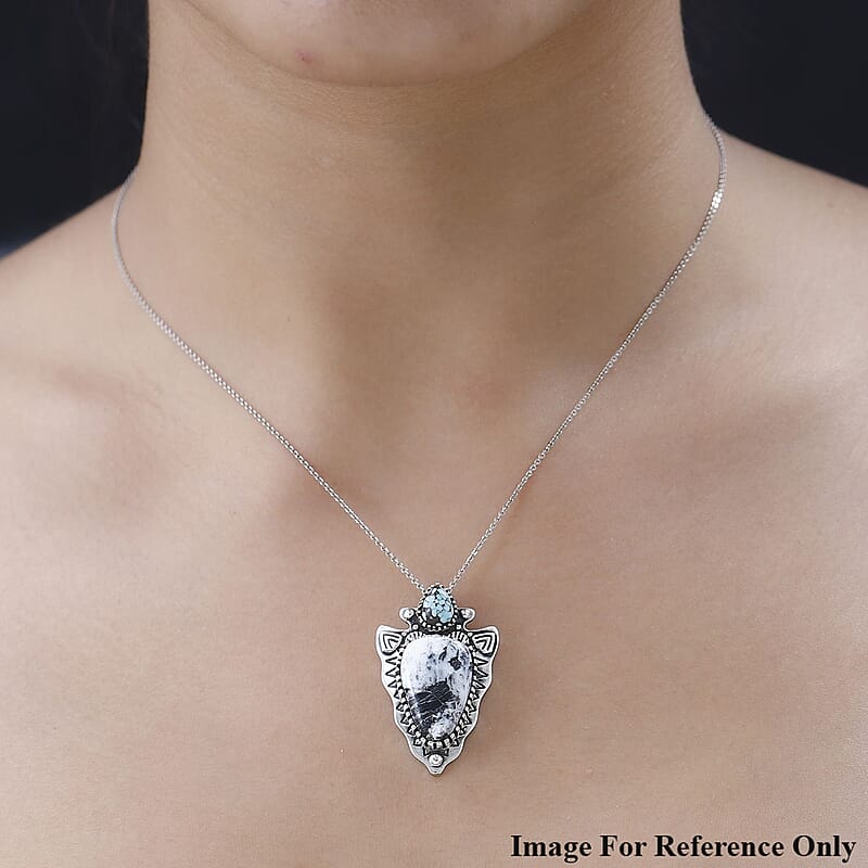 D'Joy Artisan Crafted White Buffalo and Blue Moon Turquoise 15.25 ctw Arrowhead Pendant without Chain in Black Oxidized Sterling Silver