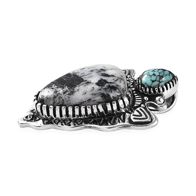 D'Joy Artisan Crafted White Buffalo and Blue Moon Turquoise 15.25 ctw Arrowhead Pendant without Chain in Black Oxidized Sterling Silver