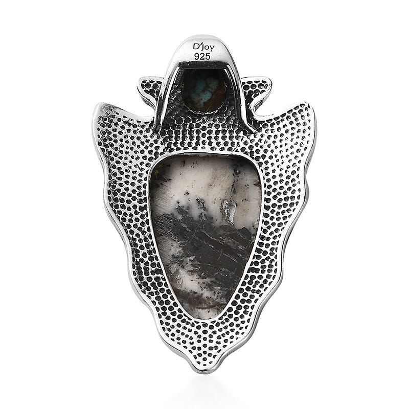 D'Joy Artisan Crafted White Buffalo and Blue Moon Turquoise 15.25 ctw Arrowhead Pendant without Chain in Black Oxidized Sterling Silver