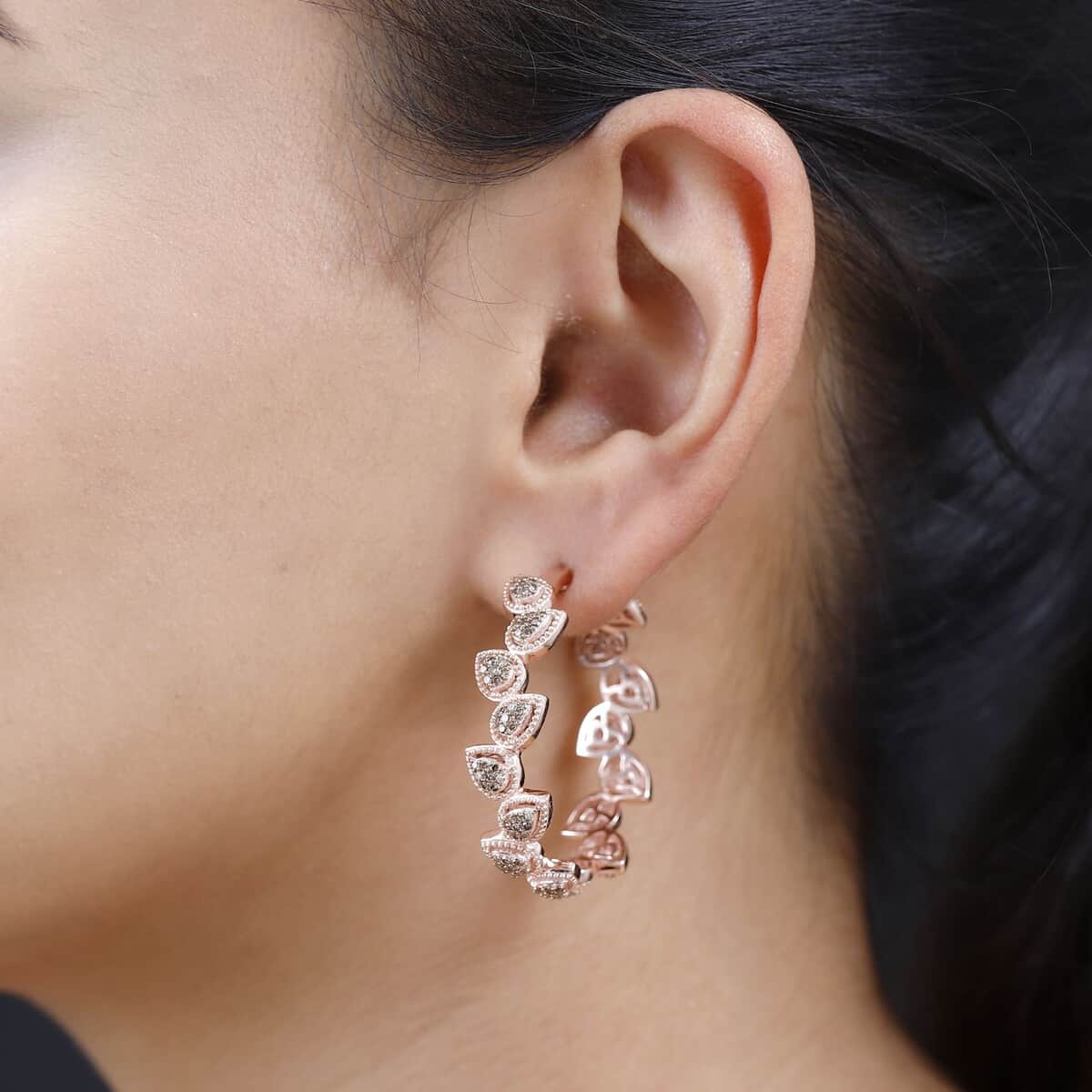 Natural Champagne Diamond Hoop Earrings in Vermeil Rose Gold Over Sterling Silver 2.00 ctw image number 2