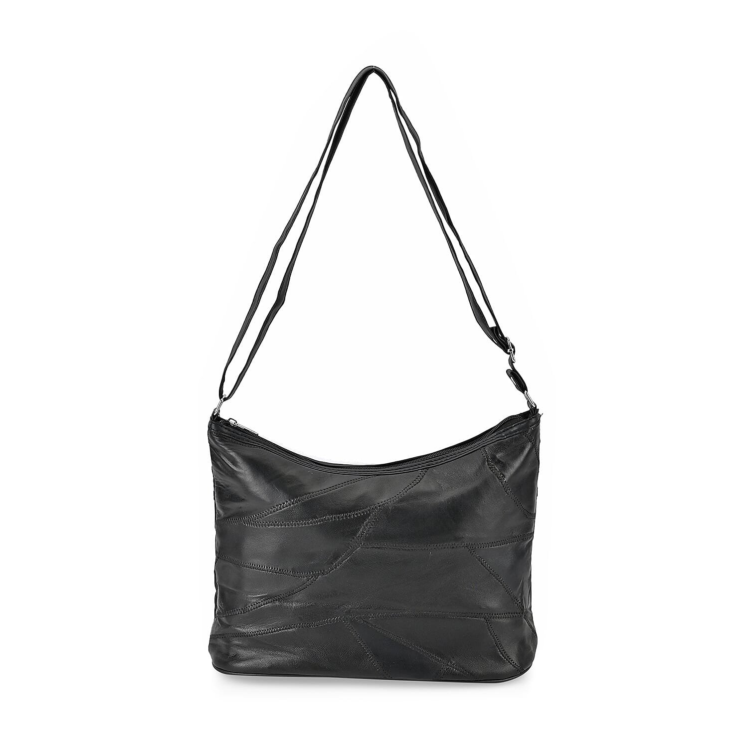 Black Color Patch Work Sheep Leather Crossbody Bag For Women with Adjustable Shoulder Strap and Zipper Closure (12x9.5x4'')