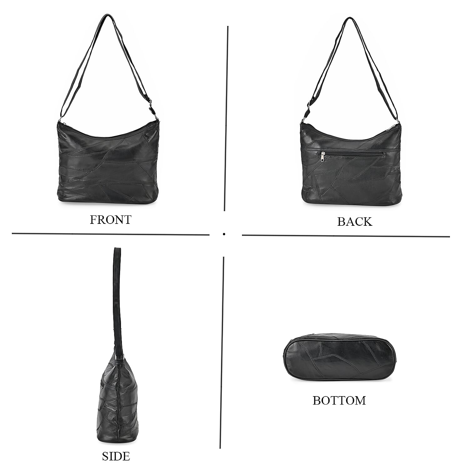 Black Color Patch Work Sheep Leather Crossbody Bag For Women with Adjustable Shoulder Strap and Zipper Closure (12x9.5x4'')