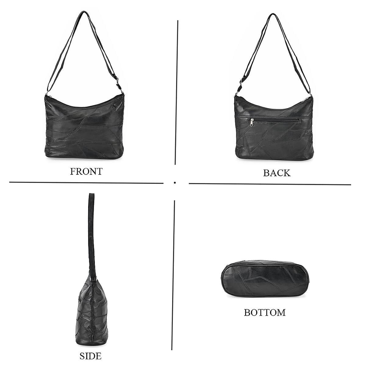 Black Color Patch Work Sheep Leather Crossbody Bag (12"x9.5"x4'') with Adjustable Shoulder Strap image number 1