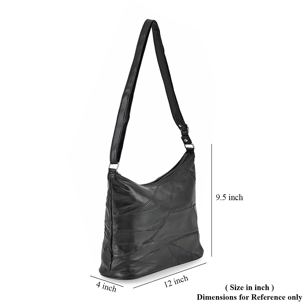 Black Color Patch Work Sheep Leather Crossbody Bag (12"x9.5"x4'') with Adjustable Shoulder Strap image number 4
