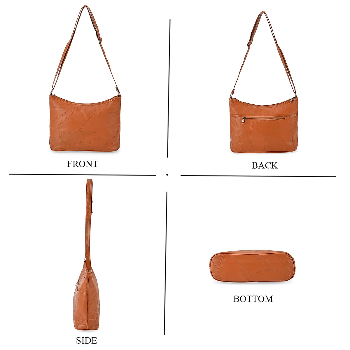 Cognac Color Patch Work Sheep Leather Crossbody Bag For Women with Adjustable Shoulder Strap and Zipper Closure (12x9.5x4'') image number 1