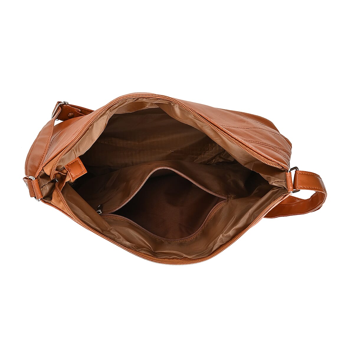 Cognac Color Patch Work Sheep Leather Crossbody Bag For Women with Adjustable Shoulder Strap and Zipper Closure (12x9.5x4'') image number 2