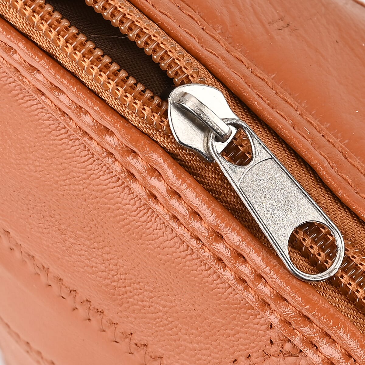 Cognac Color Patch Work Sheep Leather Crossbody Bag For Women with Adjustable Shoulder Strap and Zipper Closure (12x9.5x4'') image number 3