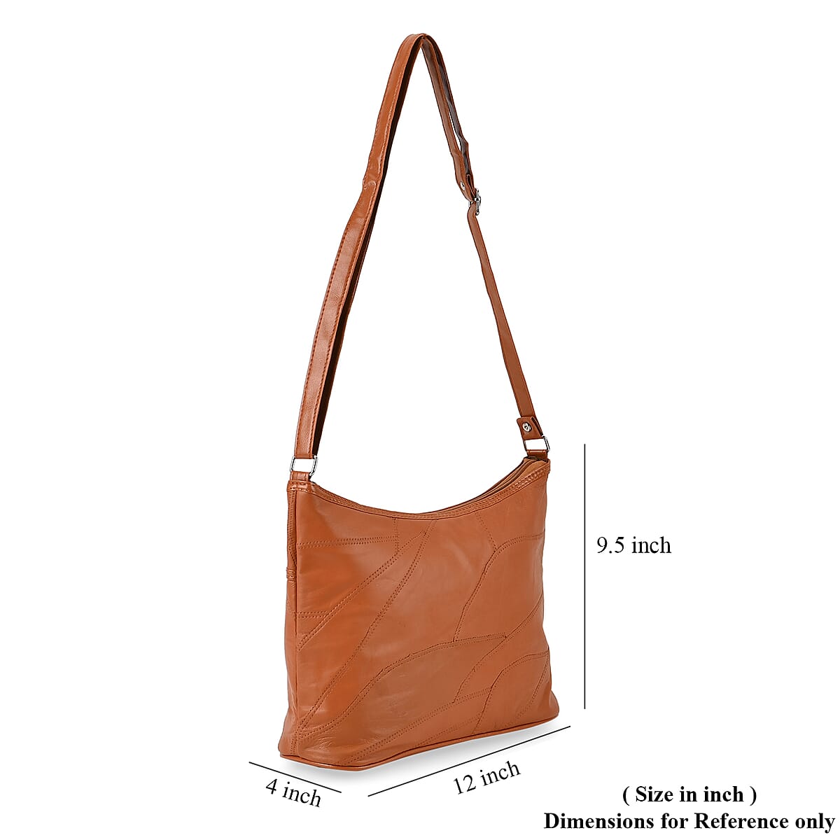 Cognac Color Patch Work Sheep Leather Crossbody Bag For Women with Adjustable Shoulder Strap and Zipper Closure (12x9.5x4'') image number 4