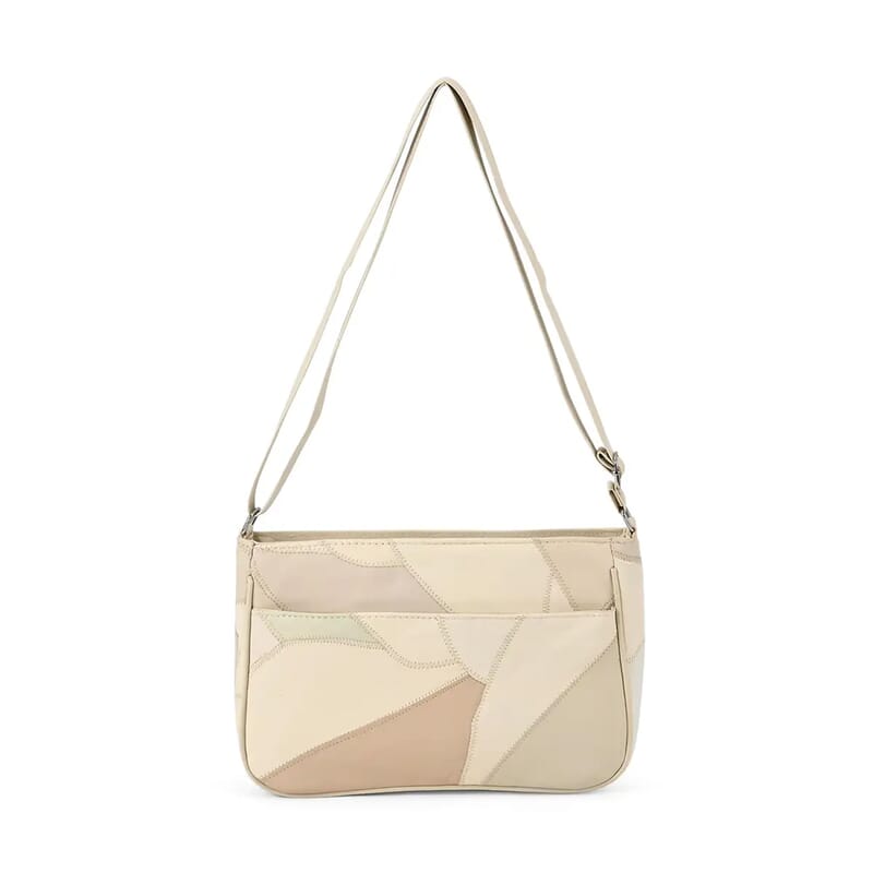 Beige Patch Work Sheep Leather Crossbody Bag For Women with Adjustable Shoulder Strap and Zipper Closure