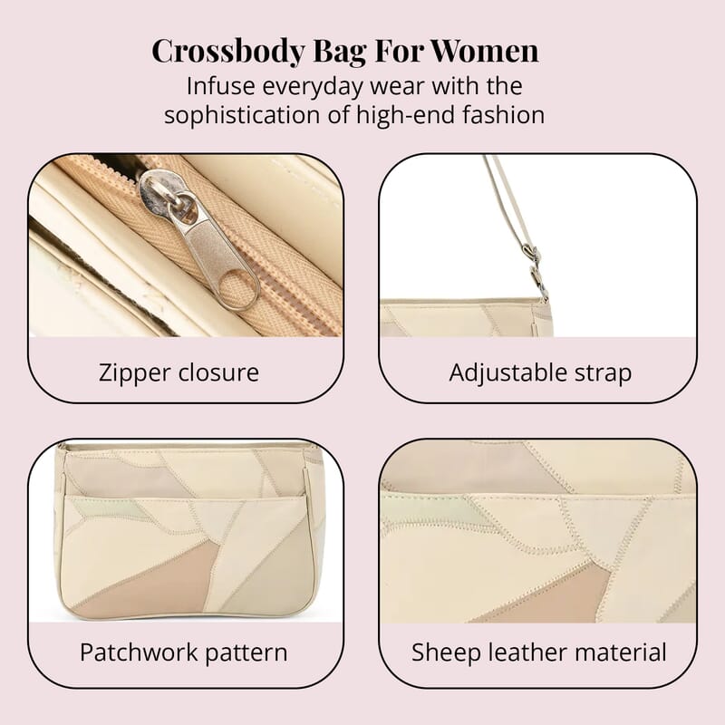 Beige Patch Work Sheep Leather Crossbody Bag For Women with Adjustable Shoulder Strap and Zipper Closure