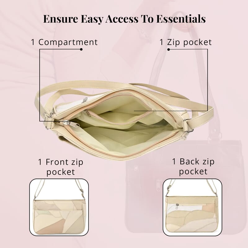 Beige Patch Work Sheep Leather Crossbody Bag For Women with Adjustable Shoulder Strap and Zipper Closure