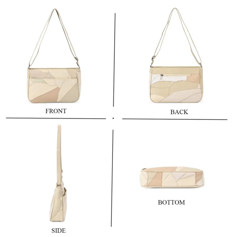 Beige Patch Work Sheep Leather Crossbody Bag For Women with Adjustable Shoulder Strap and Zipper Closure