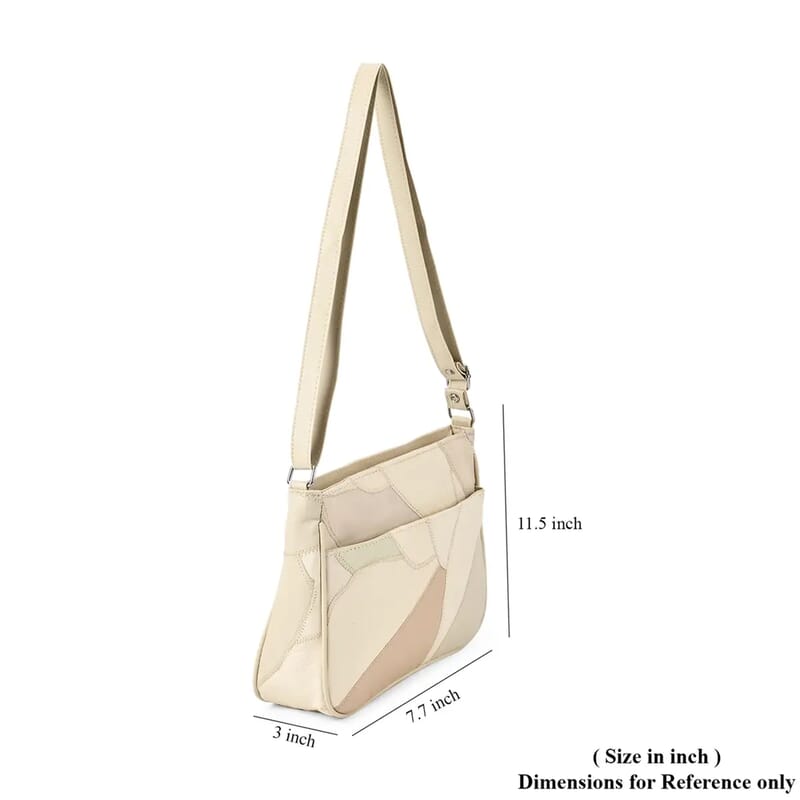 Beige Patch Work Sheep Leather Crossbody Bag For Women with Adjustable Shoulder Strap and Zipper Closure