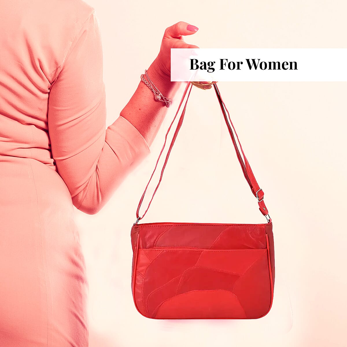 Red Patch Work Sheep Leather Crossbody Bag For Women with Adjustable Shoulder Strap and Zipper Closure image number 1