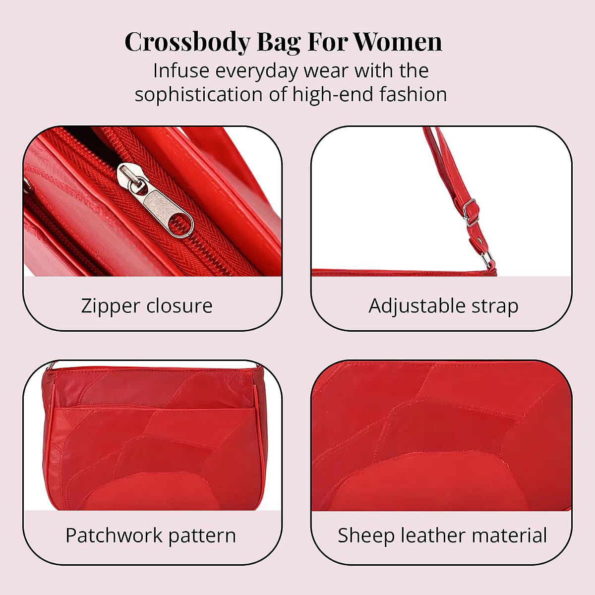Red Patch Work Sheep Leather Crossbody Bag For Women with Adjustable Shoulder Strap and Zipper Closure image number 2