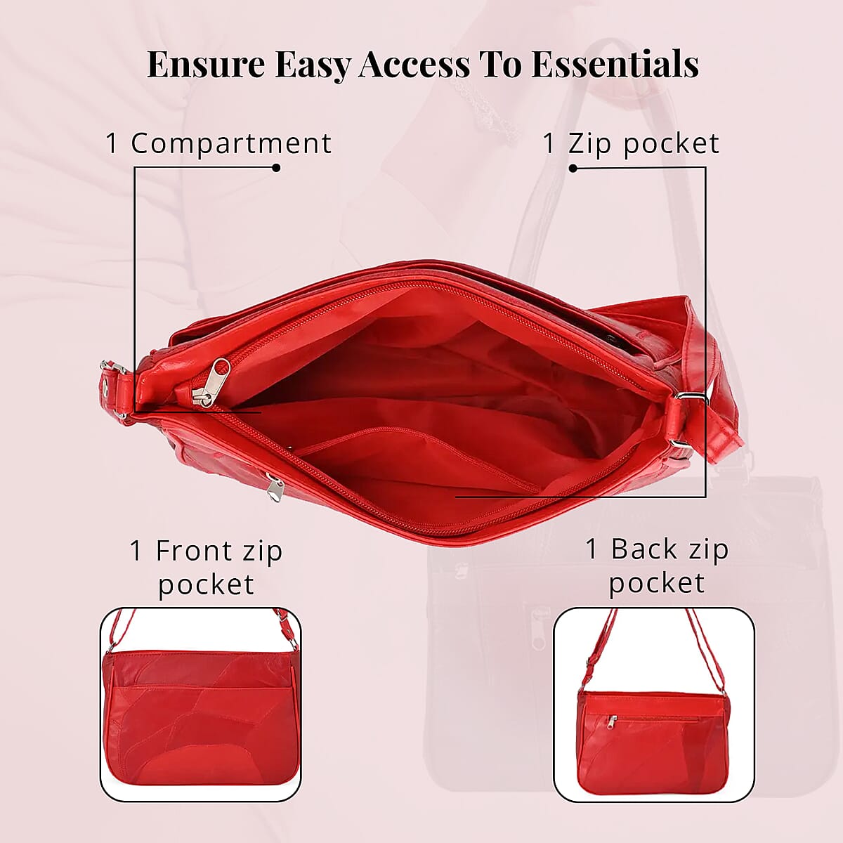 Red Patch Work Sheep Leather Crossbody Bag For Women with Adjustable Shoulder Strap and Zipper Closure image number 3