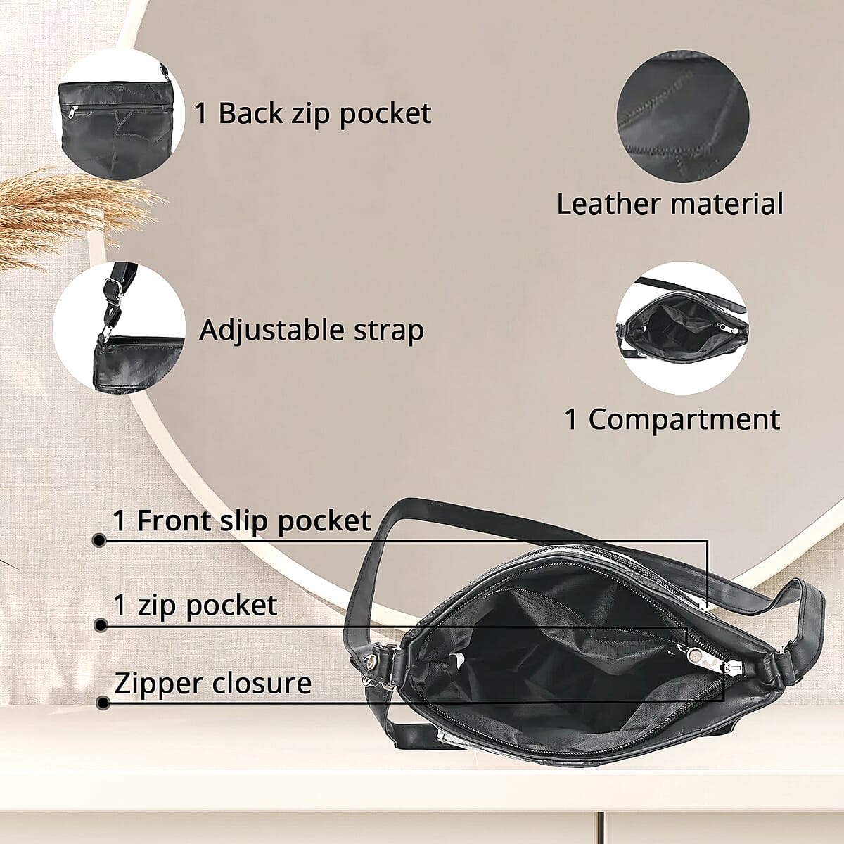 Black Color Patch Work Sheep Leather Crossbody Bag (10"x8.5"x2.75'') with Adjustable Shoulder Strap image number 1