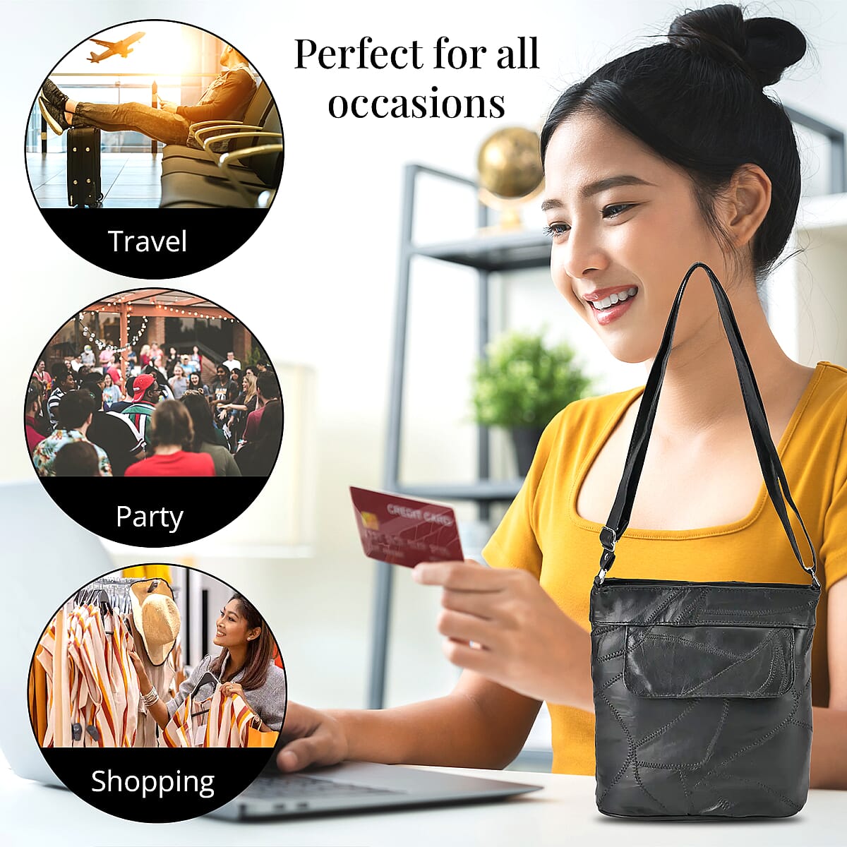 Black Color Patch Work Sheep Leather Crossbody Bag (10"x8.5"x2.75'') with Adjustable Shoulder Strap image number 3