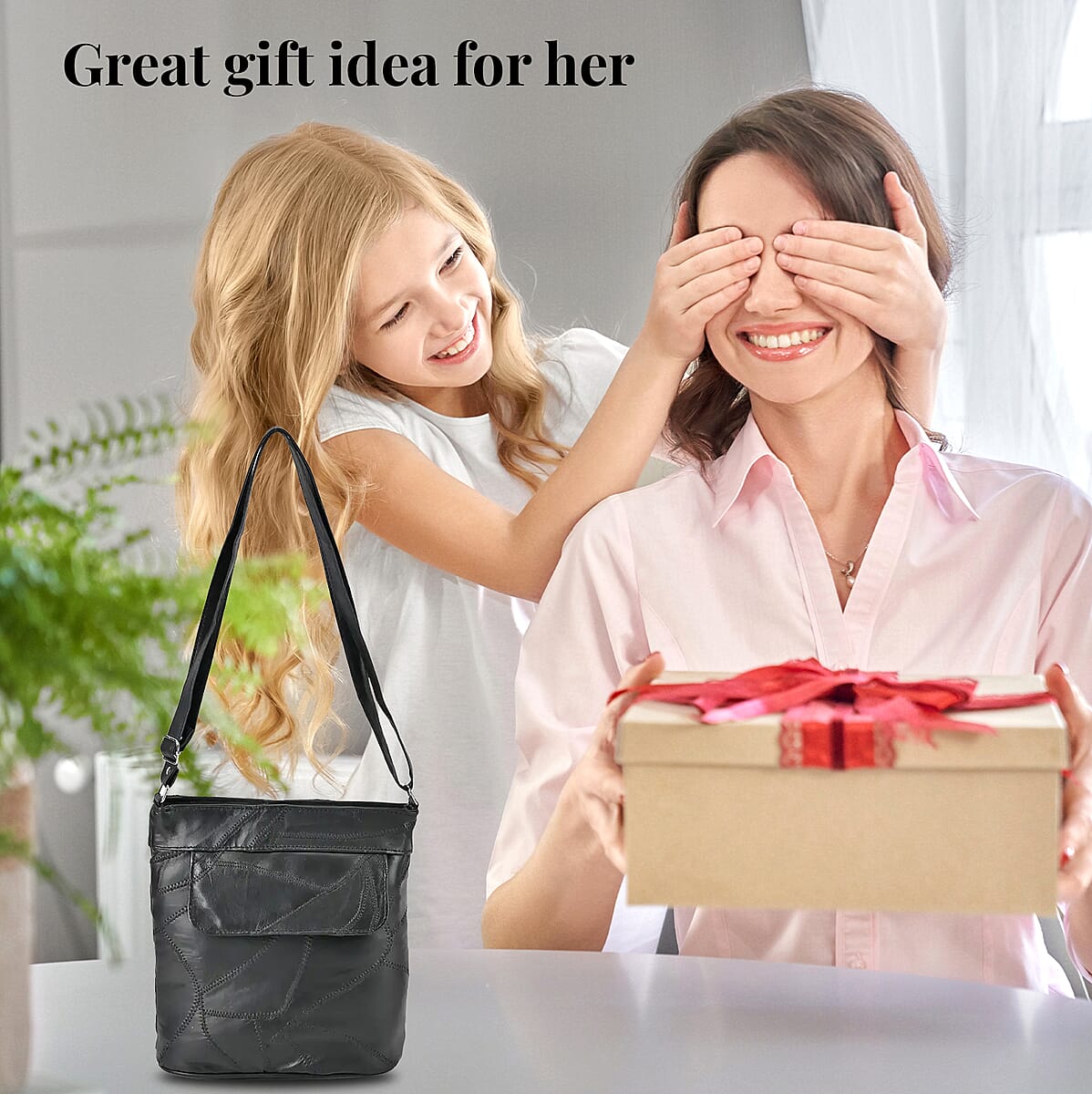 Black Color Patch Work Sheep Leather Crossbody Bag (10"x8.5"x2.75'') with Adjustable Shoulder Strap image number 4