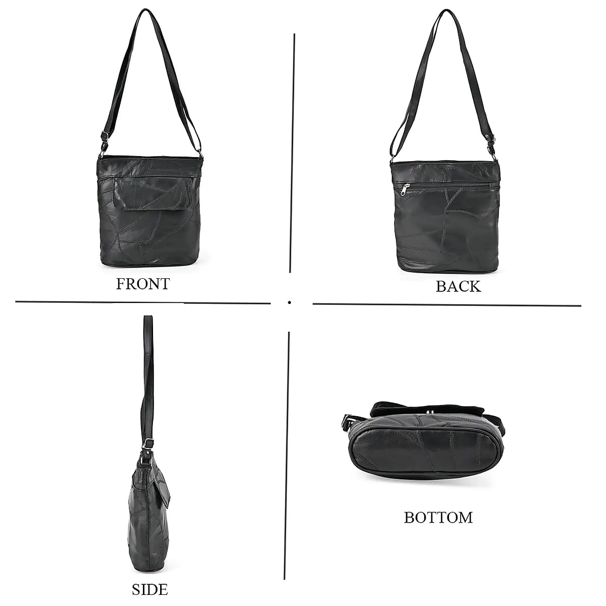 Black Color Patch Work Sheep Leather Crossbody Bag (10"x8.5"x2.75'') with Adjustable Shoulder Strap image number 5