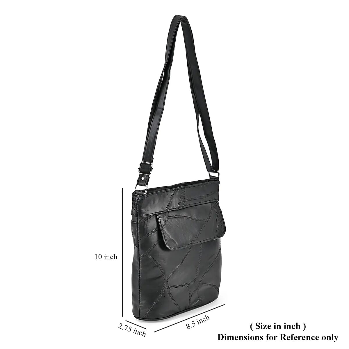 Black Color Patch Work Sheep Leather Crossbody Bag (10"x8.5"x2.75'') with Adjustable Shoulder Strap image number 6