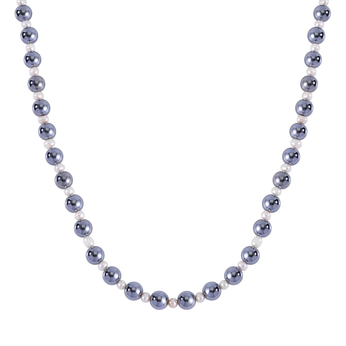 Terahertz and White Freshwater Pearl Beaded Necklace 20 Inches in Rhodium Over Sterling Silver 215.50 ctw image number 0