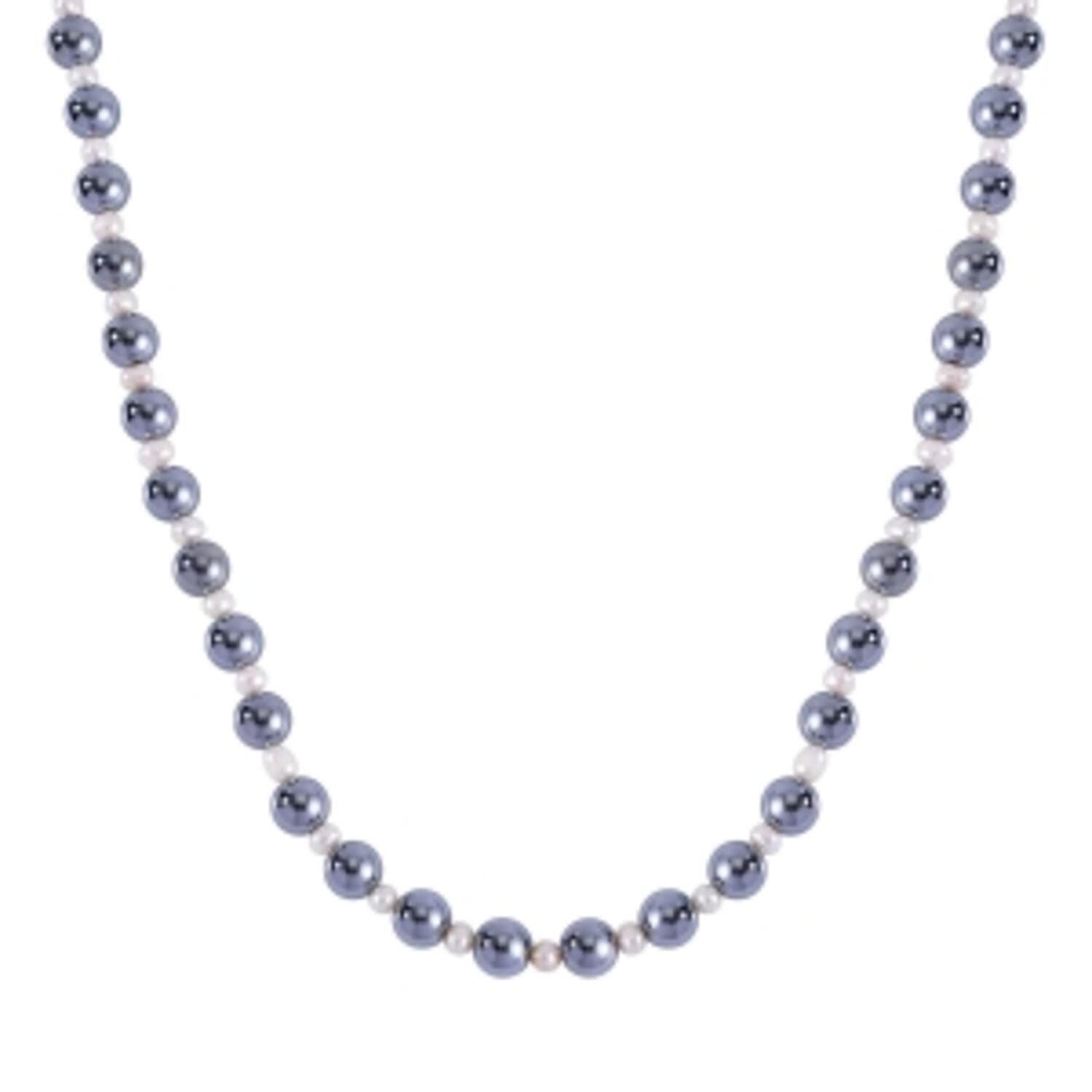 Terahertz and White Freshwater Pearl Beaded Necklace 20 Inches in Rhodium Over Sterling Silver 215.50 ctw