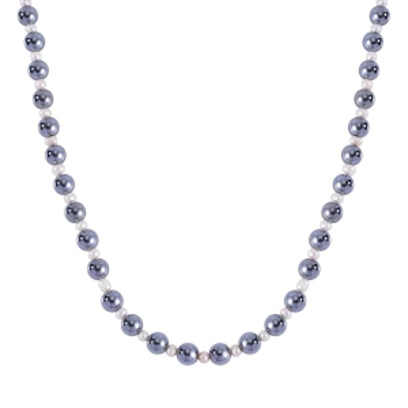 Terahertz and White Freshwater Pearl Beaded Necklace 20 Inches in Rhodium Over Sterling Silver 215.50 ctw