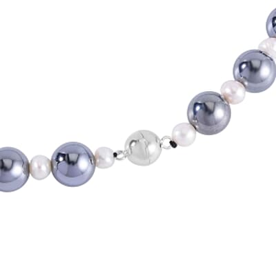 Terahertz and White Freshwater Pearl Beaded Necklace 20 Inches in Rhodium Over Sterling Silver 215.50 ctw