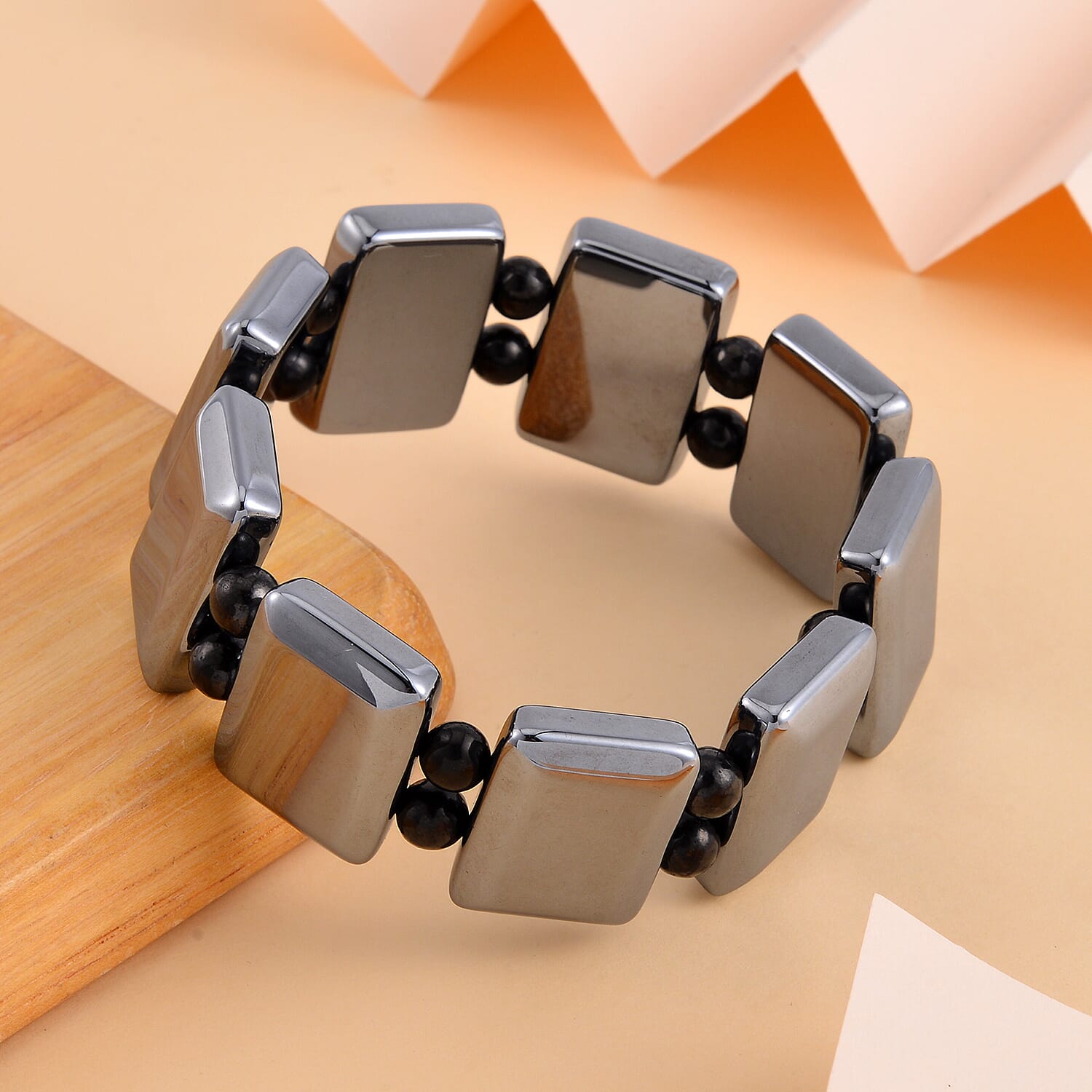 Terahertz and Shungite 240.20 ctw Block and Beaded Stretch Bracelet (7.0-7.50In)