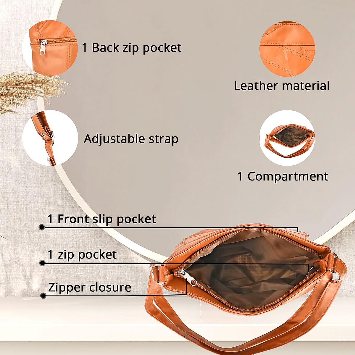 Tan Color Patch Work Sheep Leather Crossbody Bag For Ladies with Adjustable Shoulder Strap Zipper Closure (10x8.5x2.75'') image number 1