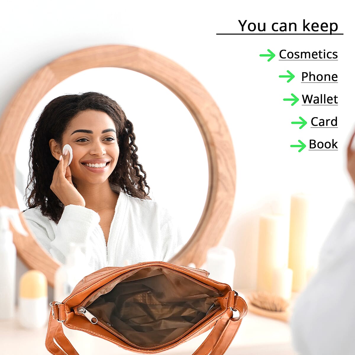 Tan Color Patch Work Sheep Leather Crossbody Bag For Ladies with Adjustable Shoulder Strap Zipper Closure (10x8.5x2.75'') image number 2