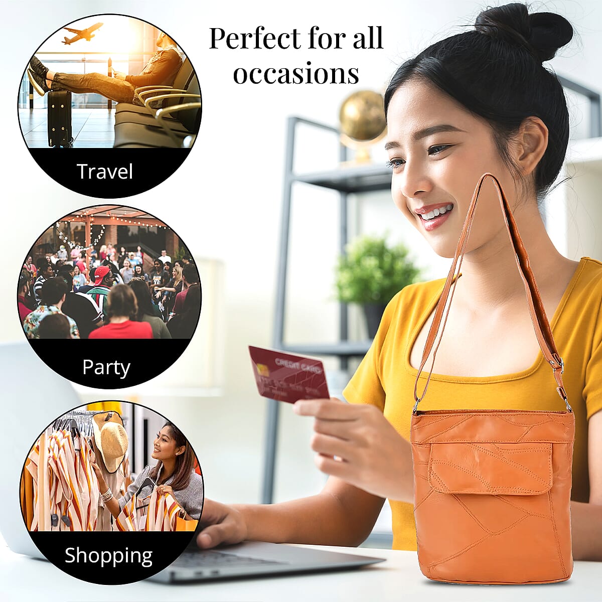 Tan Color Patch Work Sheep Leather Crossbody Bag For Ladies with Adjustable Shoulder Strap Zipper Closure (10x8.5x2.75'') image number 3