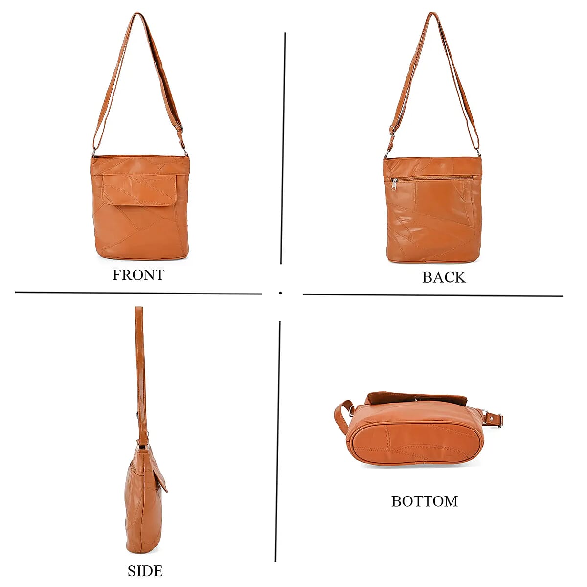 Tan Color Patch Work Sheep Leather Crossbody Bag For Ladies with Adjustable Shoulder Strap Zipper Closure (10x8.5x2.75'') image number 5