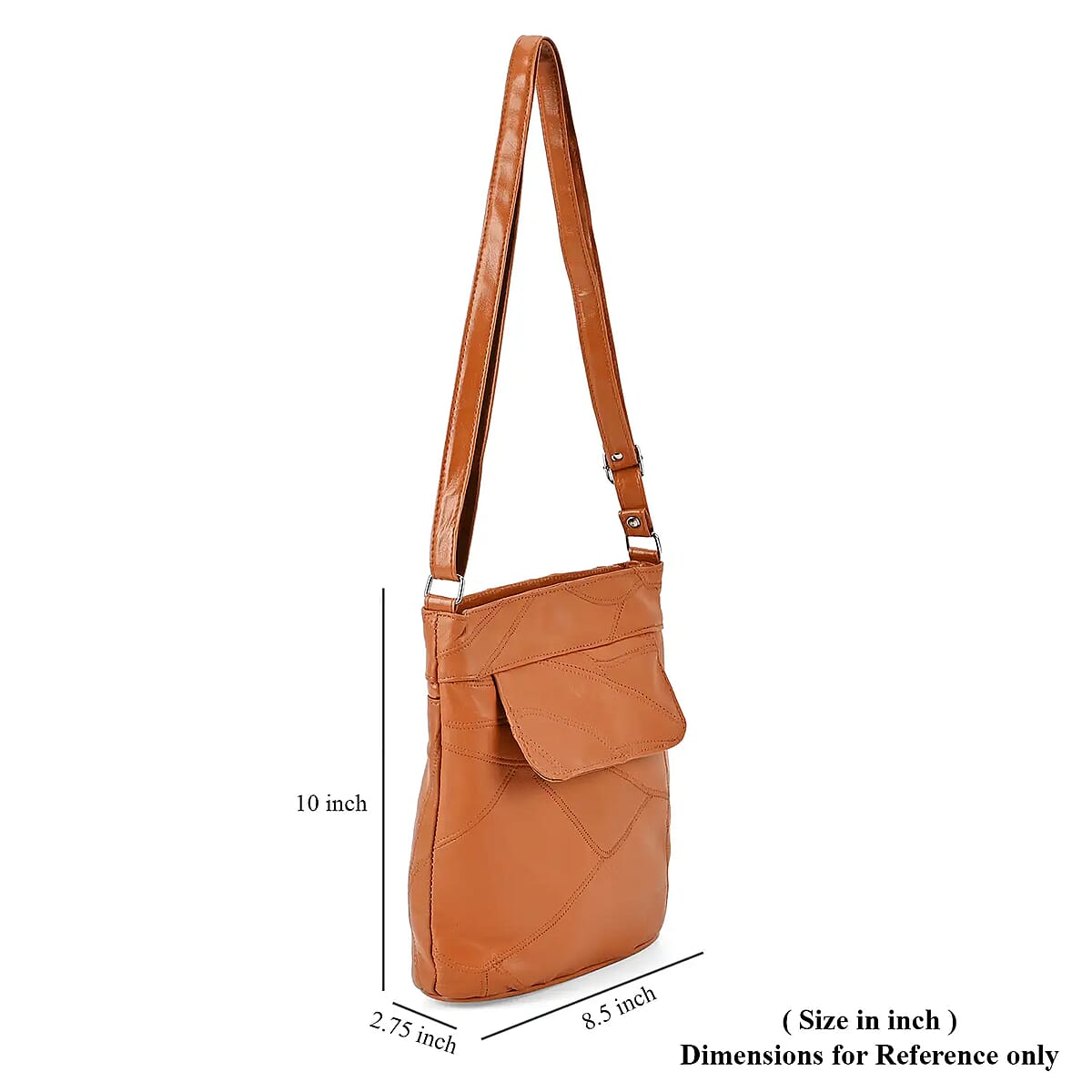 Tan Color Patch Work Sheep Leather Crossbody Bag For Ladies with Adjustable Shoulder Strap Zipper Closure (10x8.5x2.75'') image number 6
