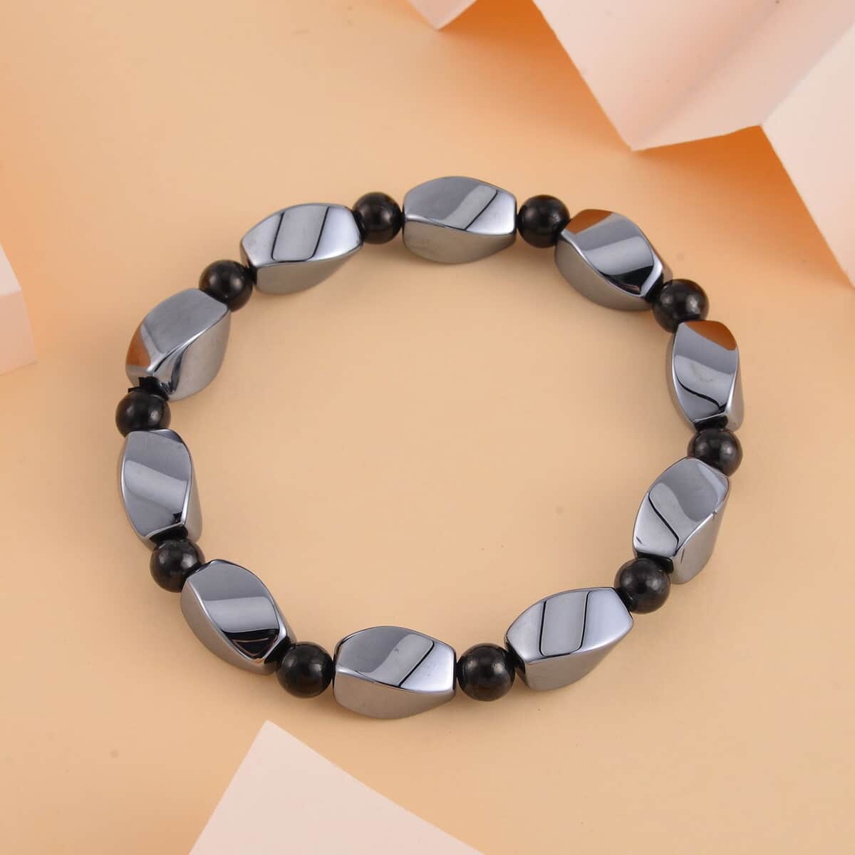 Terahertz and Shungite 90.40 ctw Barrel & Beaded Stretch Bracelet image number 1