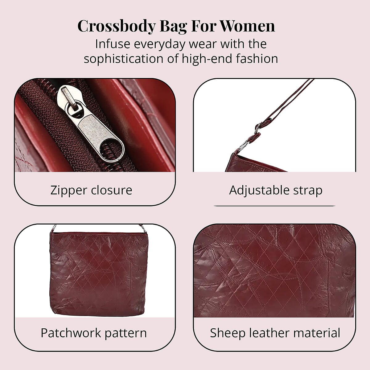 Burgundy Color Patch Work Sheep Leather Crossbody Bag For Women with Adjustable Shoulder Strap And Zipper Closure image number 2