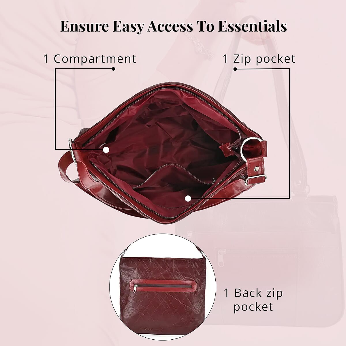 Burgundy Color Patch Work Sheep Leather Crossbody Bag For Women with Adjustable Shoulder Strap And Zipper Closure image number 3