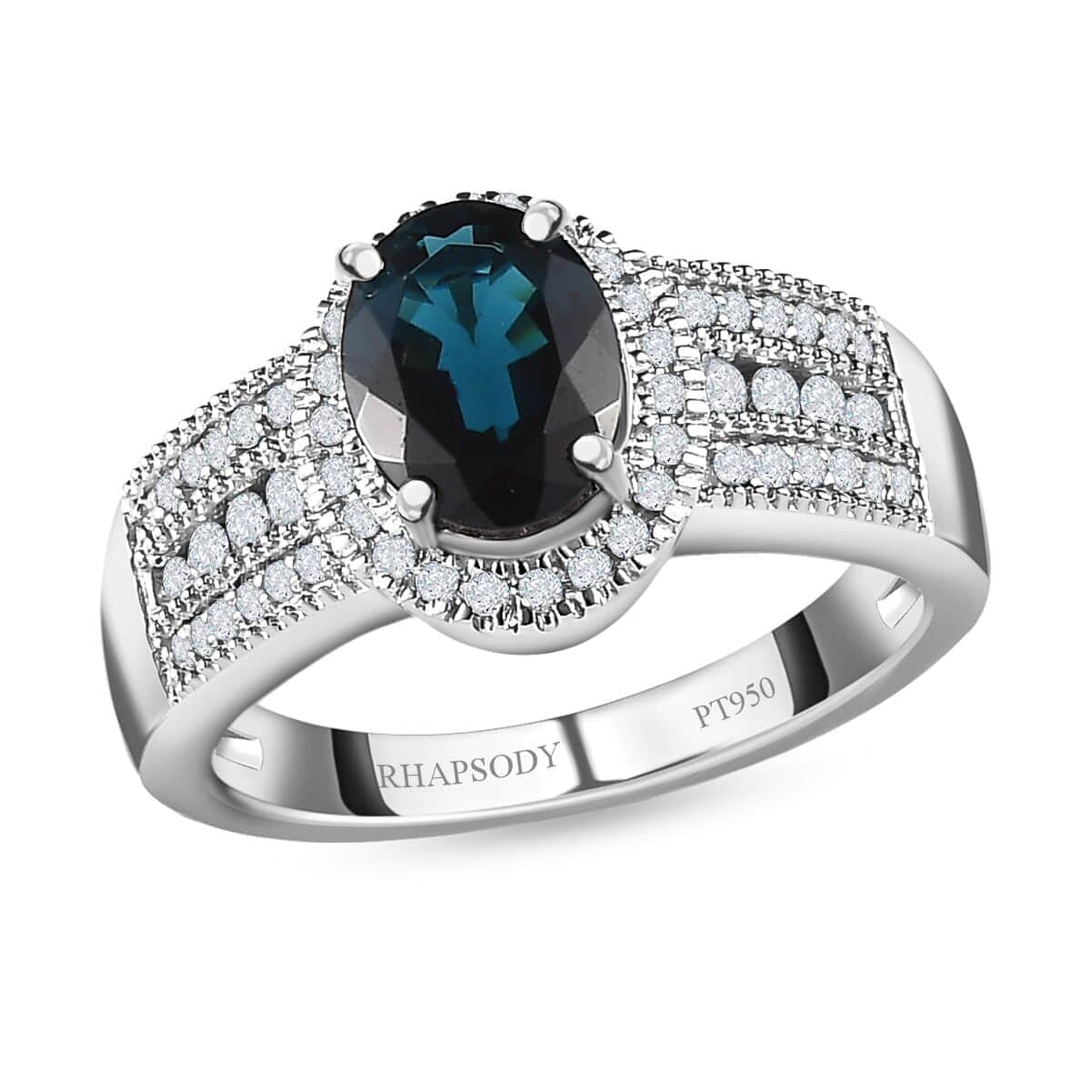 Doorbuster Rhapsosdy 950 Platinum AAAA Monte Belo Indicolite and E-F VS2 Diamond Ring 7.85 Grams 2.00 ctw (Del. in 5-7 Days) image number 0