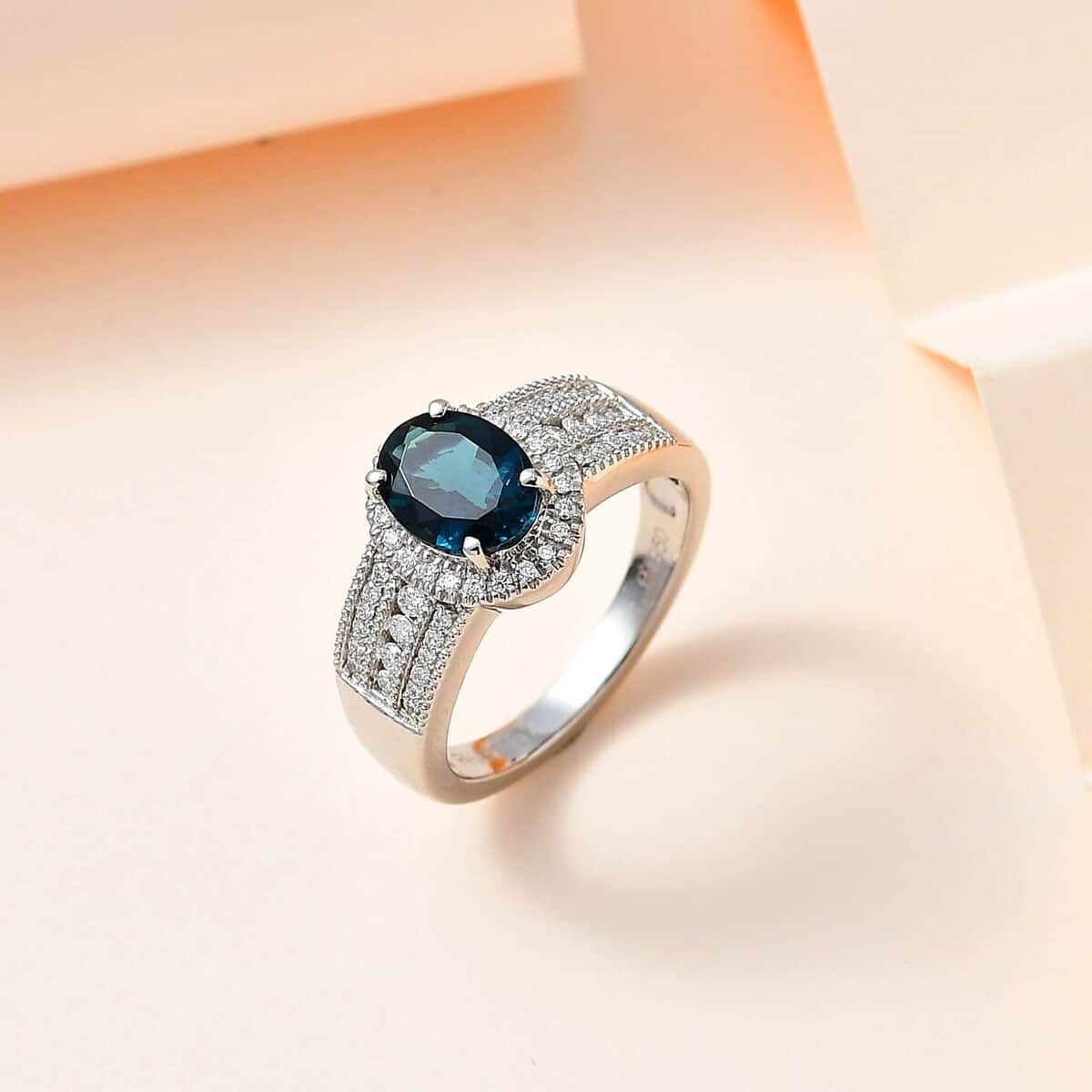 Doorbuster Rhapsosdy 950 Platinum AAAA Monte Belo Indicolite and E-F VS2 Diamond Ring 7.85 Grams 2.00 ctw (Del. in 5-7 Days) image number 1