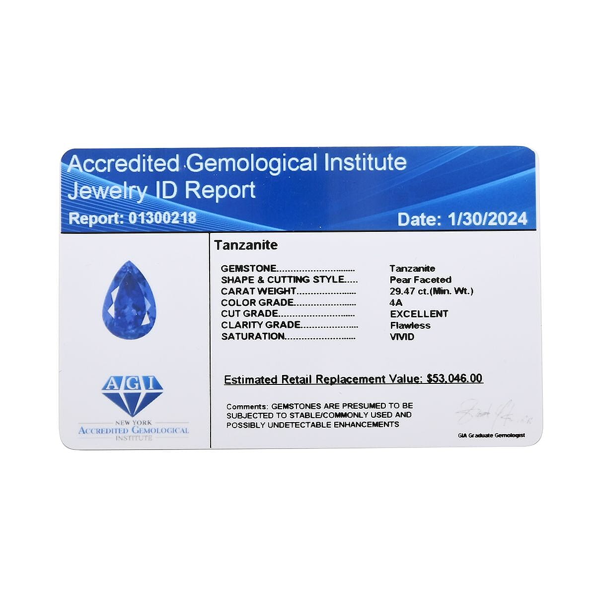 Certified and Appraised AAAA Tanzanite (Pear Free Size) 29.47 ctw