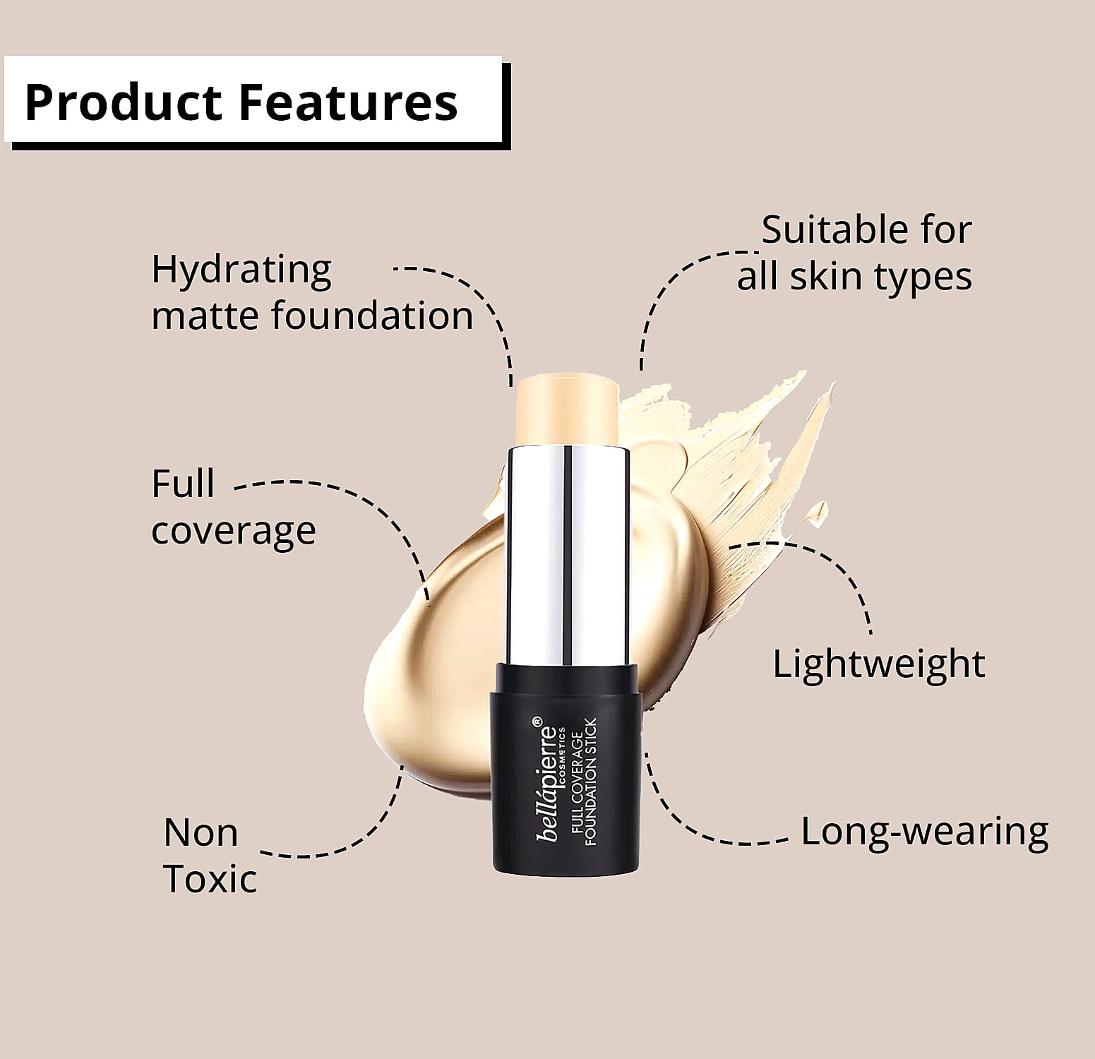 Bellapierre Foundation Stick For All Skin Types, Long-Lasting & Non-Toxic, Cruelty Paraben And Sulfate Free Matte Finish Foundation Stick-Light 0.95 Oz