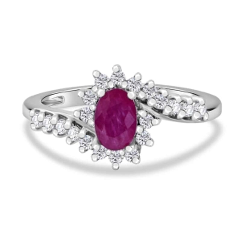 Montepuez Ruby and White Zircon 1.07 ctw Ring in Rhodium Over Sterling Silver (Size 9)
