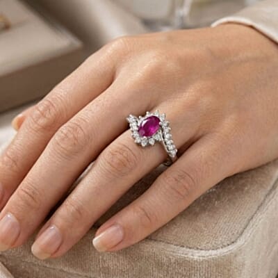 Montepuez Ruby and White Zircon 1.07 ctw Ring in Rhodium Over Sterling Silver (Size 9)