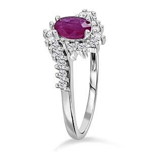 Montepuez Ruby and White Zircon 1.07 ctw Ring in Rhodium Over Sterling Silver (Size 9)