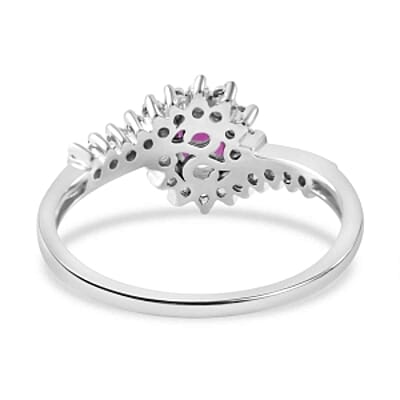 Montepuez Ruby and White Zircon 1.07 ctw Ring in Rhodium Over Sterling Silver (Size 9)