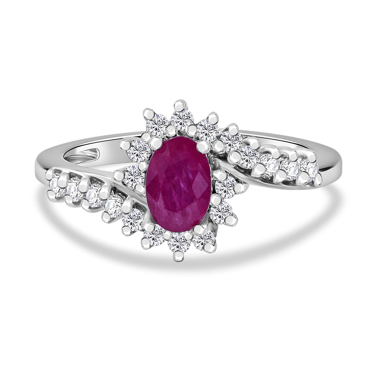 Montepuez Ruby and White Zircon 1.10 ctw Ring in Rhodium Over Sterling Silver (Size 10.0)
